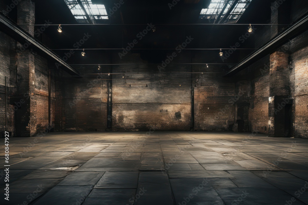 Empty, loft industrial interior. Black colored walls and big windows. Interior warehouse concept background. - obrazy, fototapety, plakaty 