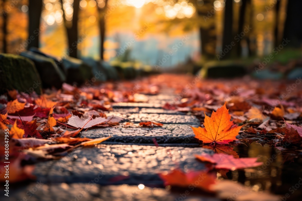 Colourful autumn leaves on brick pavement floor at fall. Dry yellow leaves blur Maple leaf on wet road, urban city street. October september or november weather Selective focus on asphalt Blurry bokeh