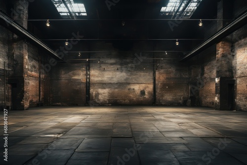 Empty, loft industrial interior. Black colored walls and big windows. Interior warehouse concept background.