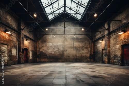 Empty  loft industrial interior. Black colored walls and big windows. Interior warehouse concept background.