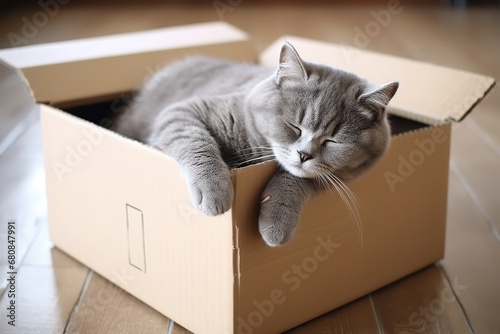 Close-up of a black cat with orange eyes sleeping in a cardboard box on a wooden floor. The cat has a soft and shiny coat, and its orange eyes are closed in contentment.