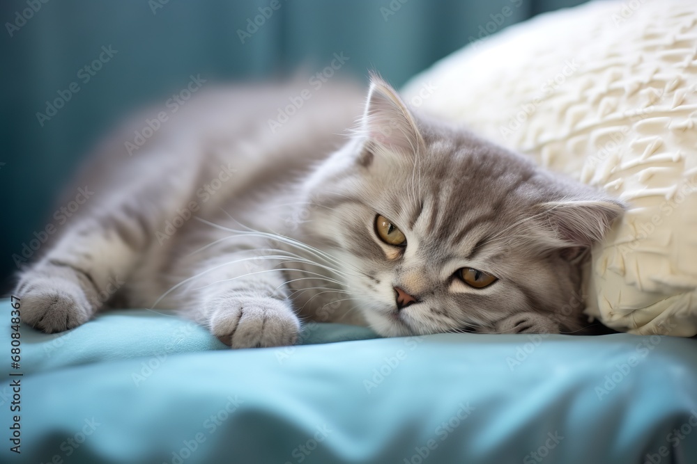 Close-up of an adorable kitten with bright blue eyes and fluffy white fur sitting on a yellow couch. The kitten is looking directly at the camera, with its head tilted slightly to the side.