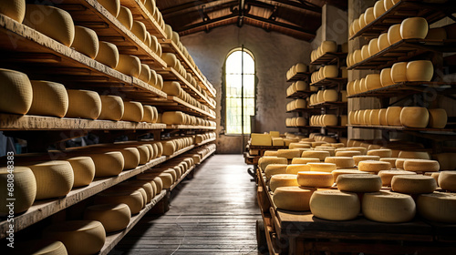 Old cheese factory in Tuscany, Italy. Italian cheese production, A cheese aging cellar with rows of cheese wheels on wooden shelves
