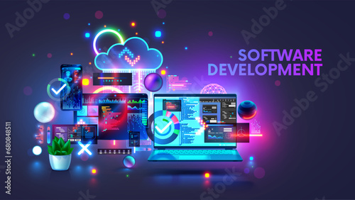 Software development coding process concept. Programming, testing cross platform code, app on laptop, tablet, phone. Coding, editing software desktop, mobile devices. Technology software of business.