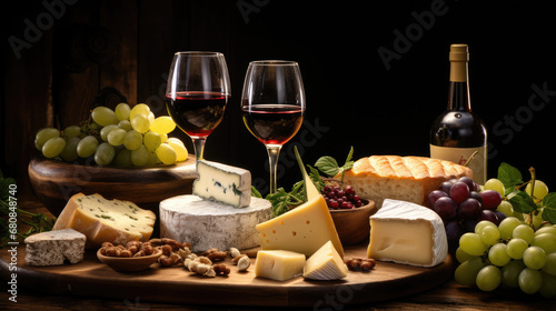 Different kinds of cheeses, wine, baguettes, fruits and snacks on rustic wooden table from above. French tasting party or feast scenery, Gourmet Delight , An Artful Array of Cheeses and Grapes