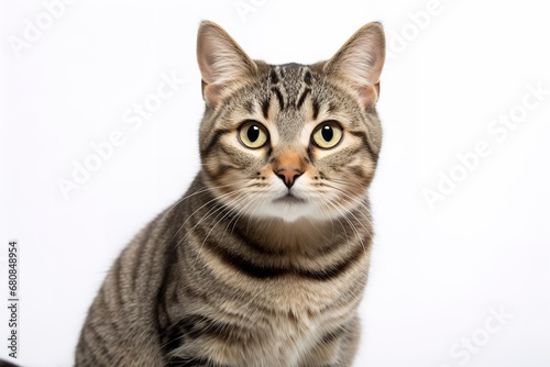 Close-up of striped cat on white background. Potentially a tabby, American shorthair, or Bengal cat. The cat has a white patch on its chest and a black nose. Its fur is soft and fluffy © wiwid