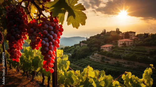 Beautiful sunset over Tuscan vineyards.red grapes in vineyard at sunset