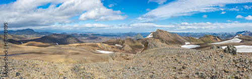 Panoramic over Landmannalaugar, Iceland. Beautiful Icelandic landscape of colorful rainbow volcanic Landmannalaugar mountains, Laugavegur hiking trail at sunny day and blue sky