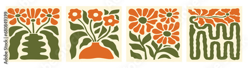 Abstract botanical set square posters with various blossom groovy flowers. Naive art decor. Trendy hand drawn vector illustration