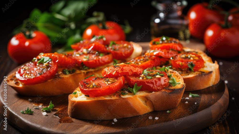 Tasty savory tomato Italian appetizers, bruschetta with tomato and basil