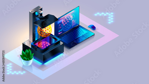 Photopolymer LCD 3d printer printed model of resin. 3d printer connection with laptop. 3d model on screen laptop in CAD system interface. Isometric illustration of 3d printer with laptop on desk.