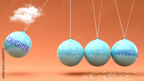 Laughter leads to Happiness. A Newton cradle metaphor in which Laughter gives power to set Happiness in motion. Cause and effect relation between Laughter and Happiness.,3d illustration
