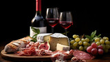 set of Red wine ,cheese and prosciutto on black background