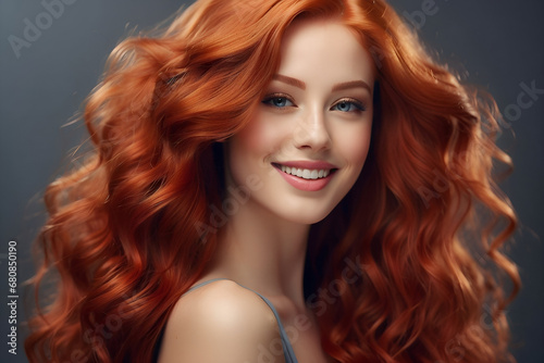 Beautiful young woman with smooth skin and beautiful long, red, flowing hair. Beauty and cosmetics advertising concept image. 