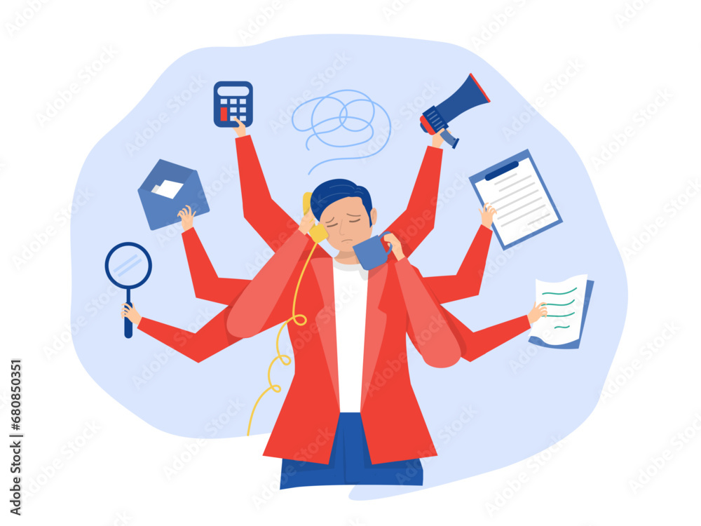 Multitasking man concept , Busy businessman multitask activities with many hands at office, Overworked, Workaholic,Time management  several objects concept illustration