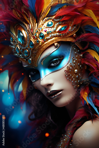 A Woman's Alluring Look: Colorful Headdress, Exotic Makeup, and Carnival Mask for a Party. © Raani