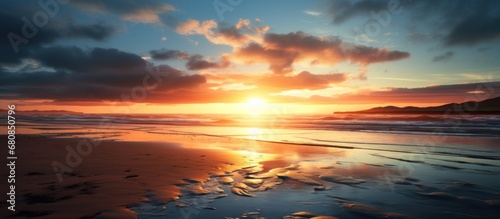 Beautiful sunrise or sunset over the tropical beach landscape. AI generated image