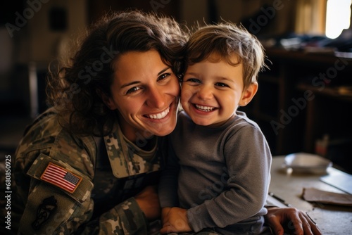 Excited military mom reuniting with her son at home © sirisakboakaew