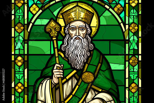 Sained glass window with Saint Patrick. St Patricks day photo