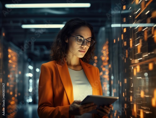 A young woman with a tablet computer stands in the middle of the server room and checks the operation of the servers and automation. Data storage and transmission. Cybersecurity.