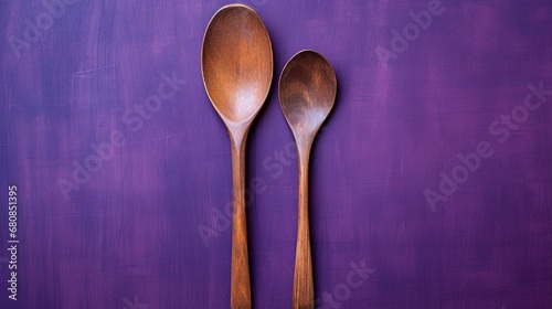 Rustic wooden spoon and fork on a deep purple background.