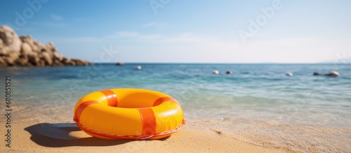Tropical beach with lifebuoy at sand at summer. AI generated image