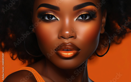 Portrait of a black woman with orange makeup. Orange lip gloss and orange eye shadow