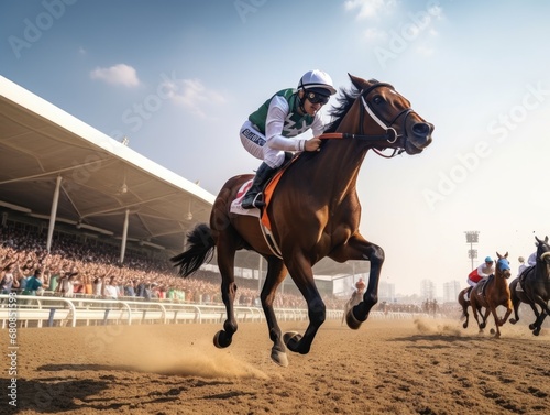 Horse racing at the hippodrome. The horses are rushing. The jockey controls the horse.