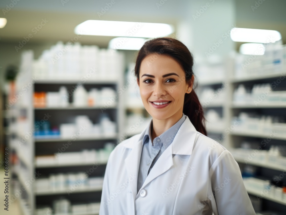 A woman pharmacy worker smiles welcomingly against the background of shelves with medicines. Sale of medicines. A woman pharmacy worker smiles welcomingly against the background of shelves with medicines. Sale of medicines.