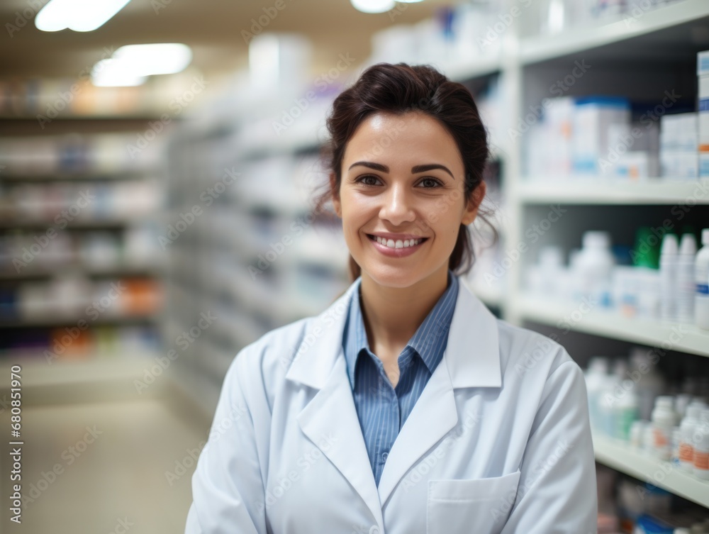 A woman pharmacy worker smiles welcomingly against the background of shelves with medicines. Sale of medicines.