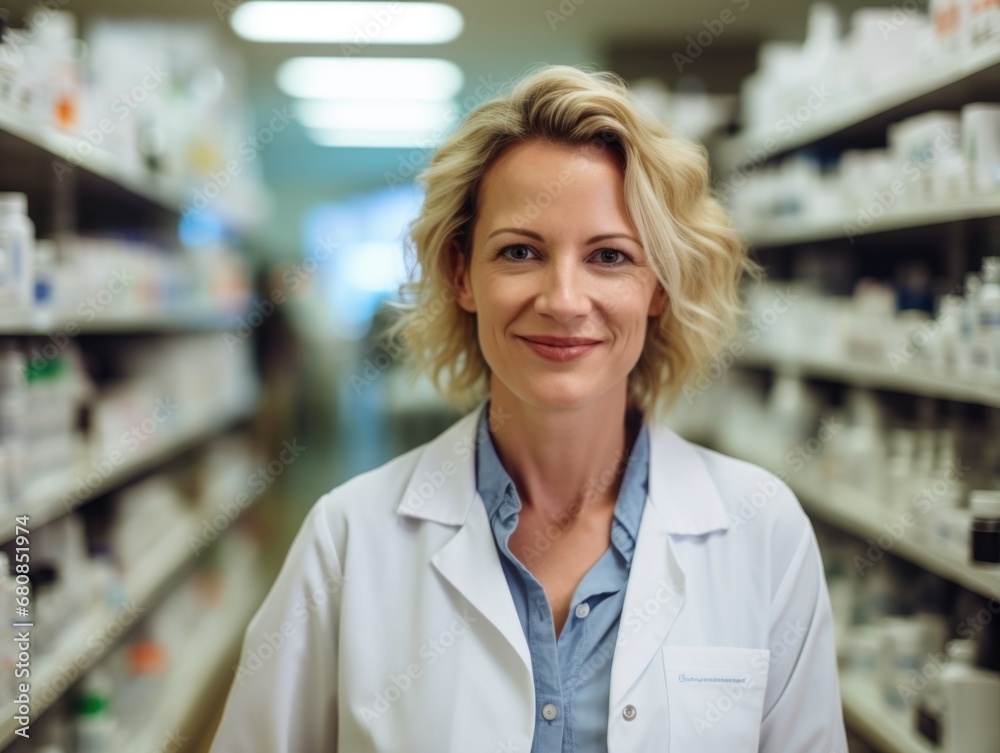 A woman pharmacy worker smiles welcomingly against the background of shelves with medicines. Sale of medicines.