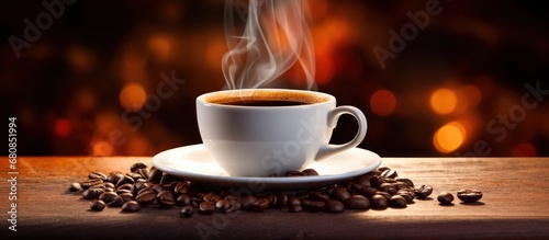 Cup of hot coffee and beans on wooden table blurred background. AI generated