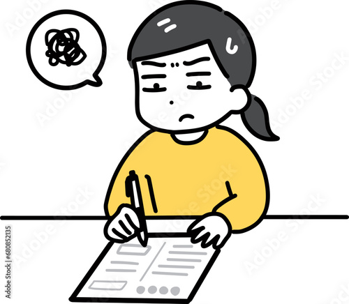 面倒くさそうに書類に記入する私服の女性