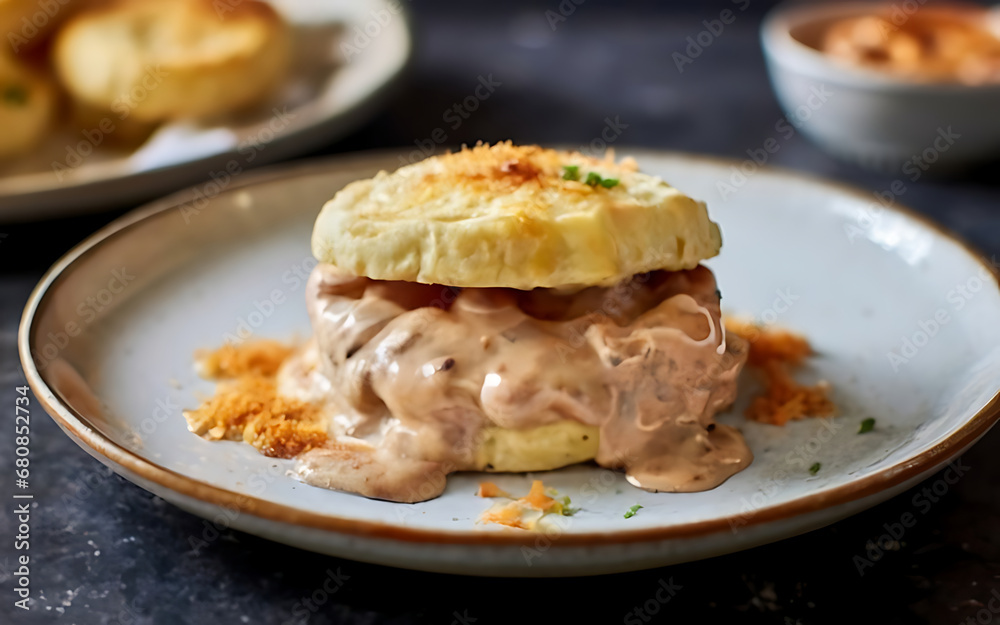 Capture the essence of Biscuits and Gravy in a mouthwatering food photography shot Generative AI Capture the essence of Biscuits and Gravy in a mouthwatering food photography shot Generative AI