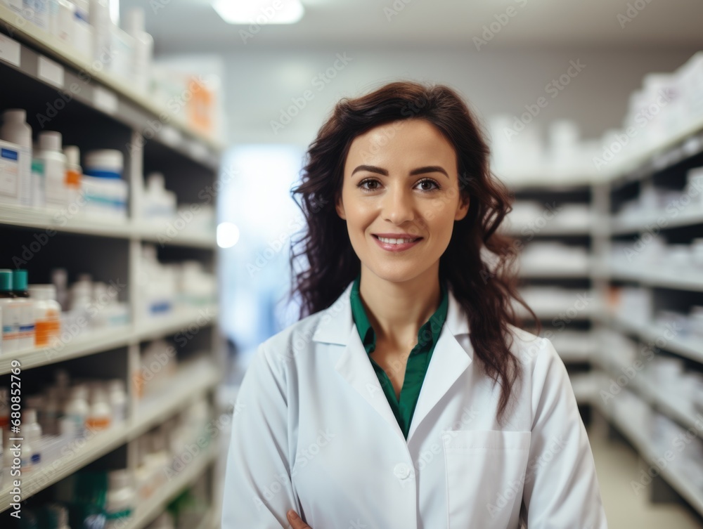 A woman pharmacy worker smiles welcomingly against the background of shelves with medicines. Sale of medicines.