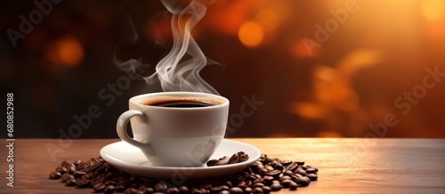 Cup of hot coffee and beans on wooden table blurred background. AI generated photo
