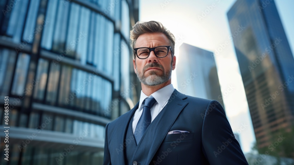 A middle-aged businessman in a business suit against the backdrop of high-rise buildings in the business district. Low angle. A middle-aged businessman in a business suit against the backdrop of high-rise buildings in the business district. Low angle.