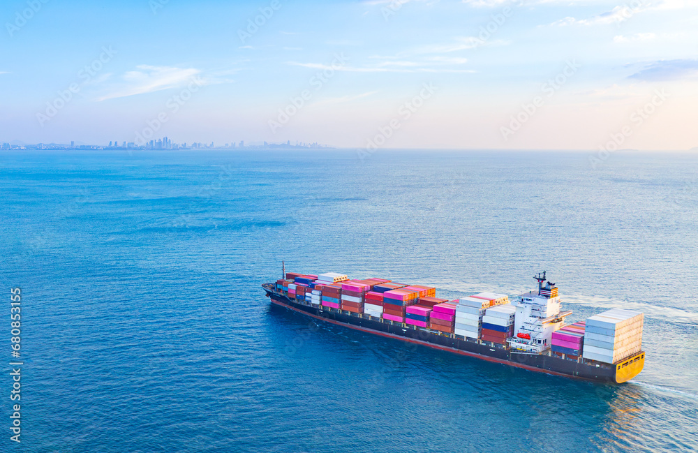 Aerial view of the freight shipping transport system cargo ship container. international transportation Export-import business, logistics, transportation industry concepts Aerial view of the freight shipping transport system cargo ship container. international transportation Export-import business, logistics, transportation industry concepts