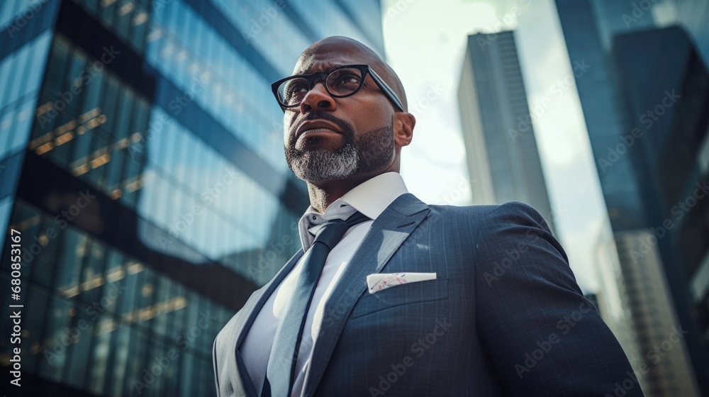 A middle-aged businessman in a business suit against the backdrop of high-rise buildings in the business district. Low angle.