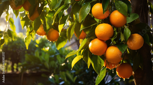 An orange tree in the backyard, with fresh ripe oranges hanging from its branches, is a reminder of the bounty of nature. AI Generated.