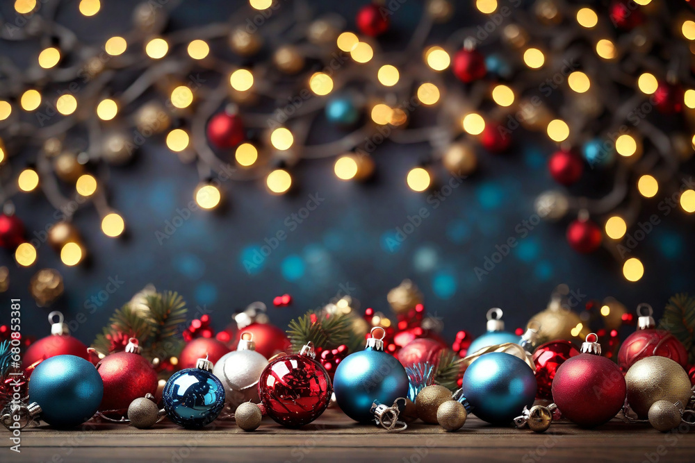 Christmas decorations and lights background. Created using generative AI tools