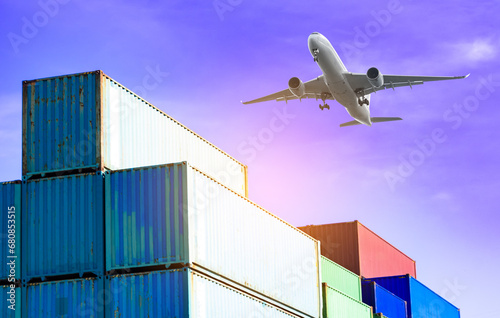 Container warehouse at industrial port Sending by plane, cargo logistics, business, import, and export. transportation industry concept.