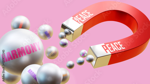 Peace which brings Harmony. A magnet metaphor in which peace attracts multiple parts of harmony. Cause and effect relation between peace and harmony.,3d illustration