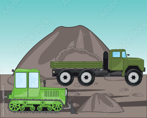 Mining useful fossilized in quarry car loaded and tractor