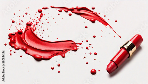 Red lipstick on a white background with splashes of red paint.