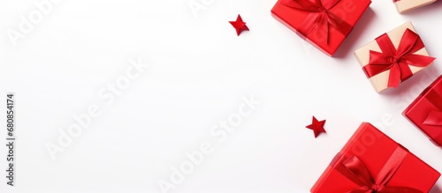 White gift box and red ribbon copy space white background. AI generated image