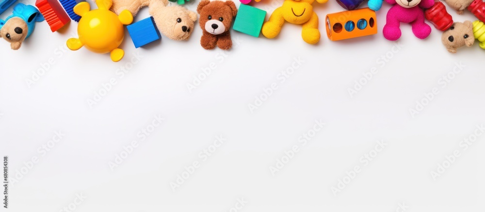 Top view of white paper copy space background with various toys and drawing tools