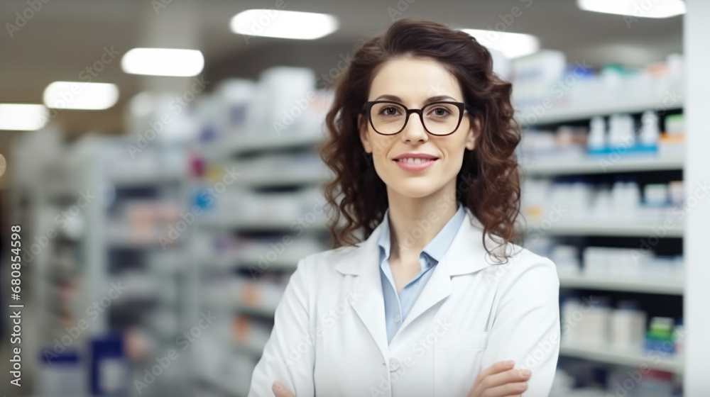 Portrait of confident female pharmacist in drugstore looking at camera.