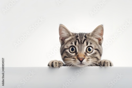 a fluffy white kitten with big blue eyes peeking over the edge of a white sign. The kitten's head is tilted to the side and its ears are perked up, as if it is listening intently to something.