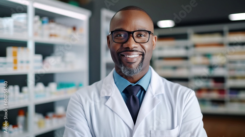 Portrait of confident male pharmacist or doctor in drugstore looking at camera.
